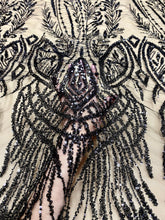 Dantela Couture Neagra cu Model Geometric, cu Margele si Paiete